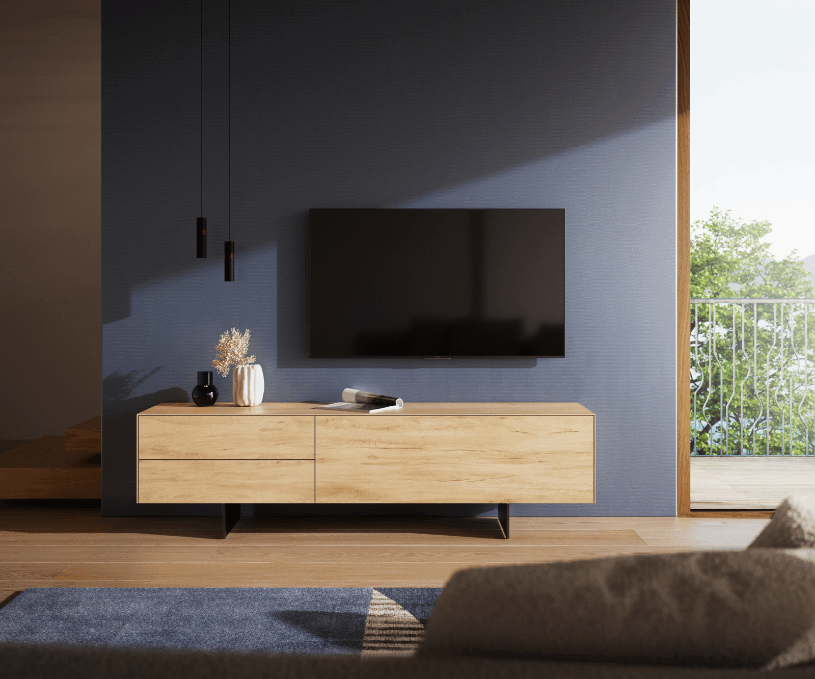 TV stolík Cuor 180 cm keramika Laminam® Sabbia dubová farba 1 výklopné dvierka 2 zásuvky podstava závesná kov čierna - Image 2