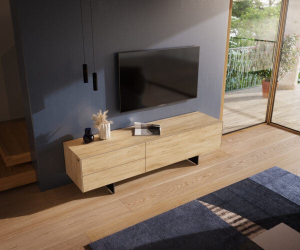 TV stolík Cuor 180 cm keramika Laminam® Sabbia dubová farba 1 výklopné dvierka 2 zásuvky podstava závesná kov čierna - Image 4