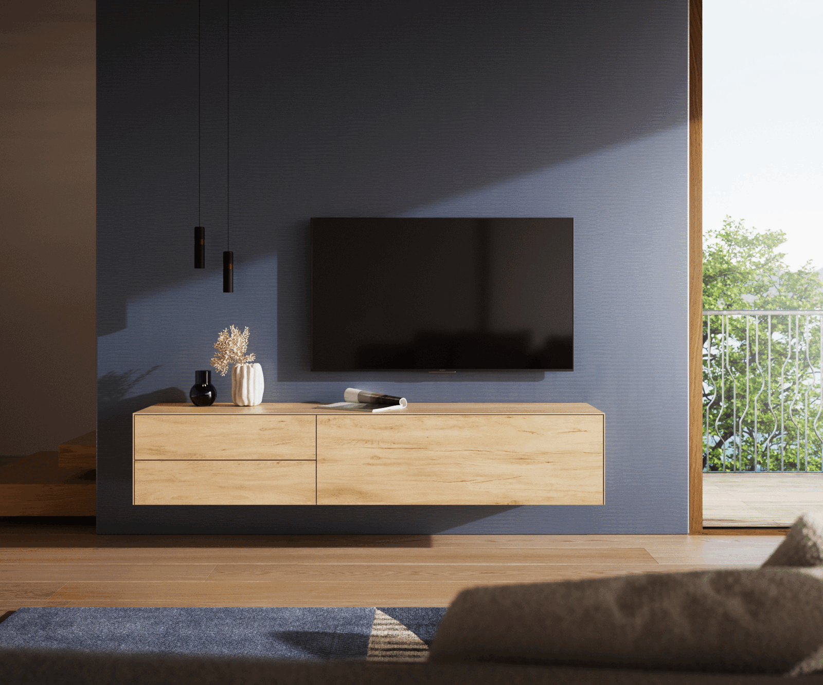 TV stolík Cuor 180 cm keramika Laminam® sabbia v dubovej farbe 1 výklopné dvierka 2 zásuvky závesné - Image 2