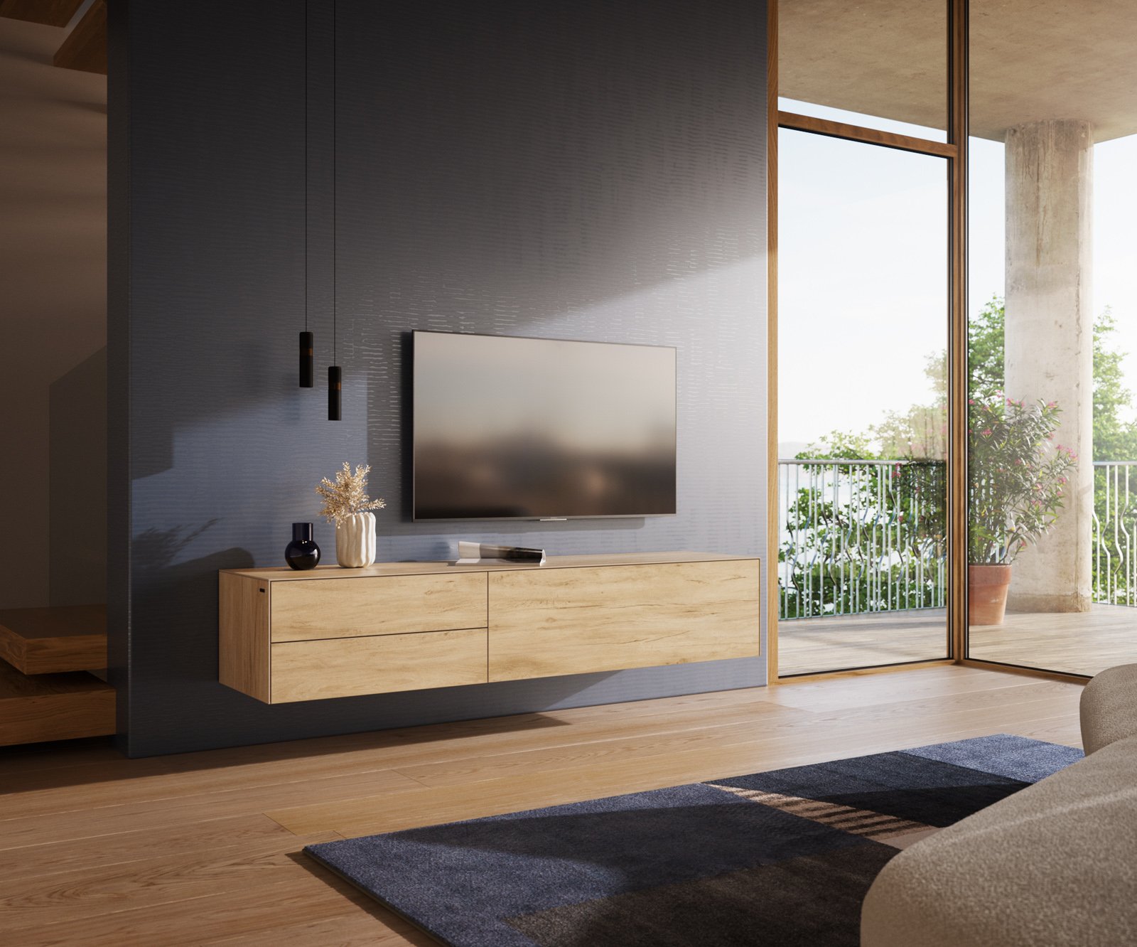 TV stolík Cuor 180 cm keramika Laminam® sabbia v dubovej farbe 1 výklopné dvierka 2 zásuvky závesné