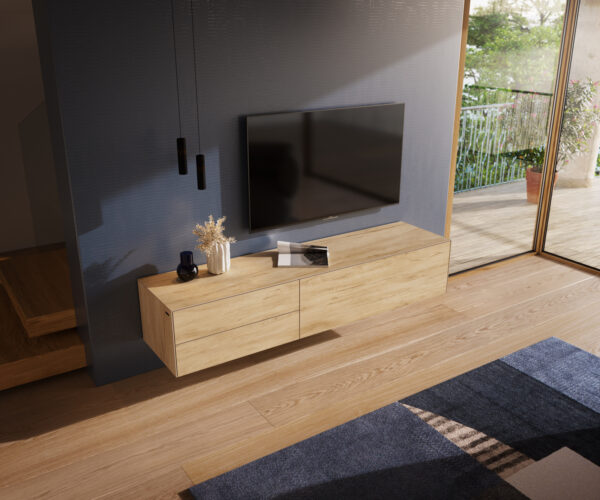 TV stolík Cuor 180 cm keramika Laminam® sabbia v dubovej farbe 1 výklopné dvierka 2 zásuvky závesné - Image 4