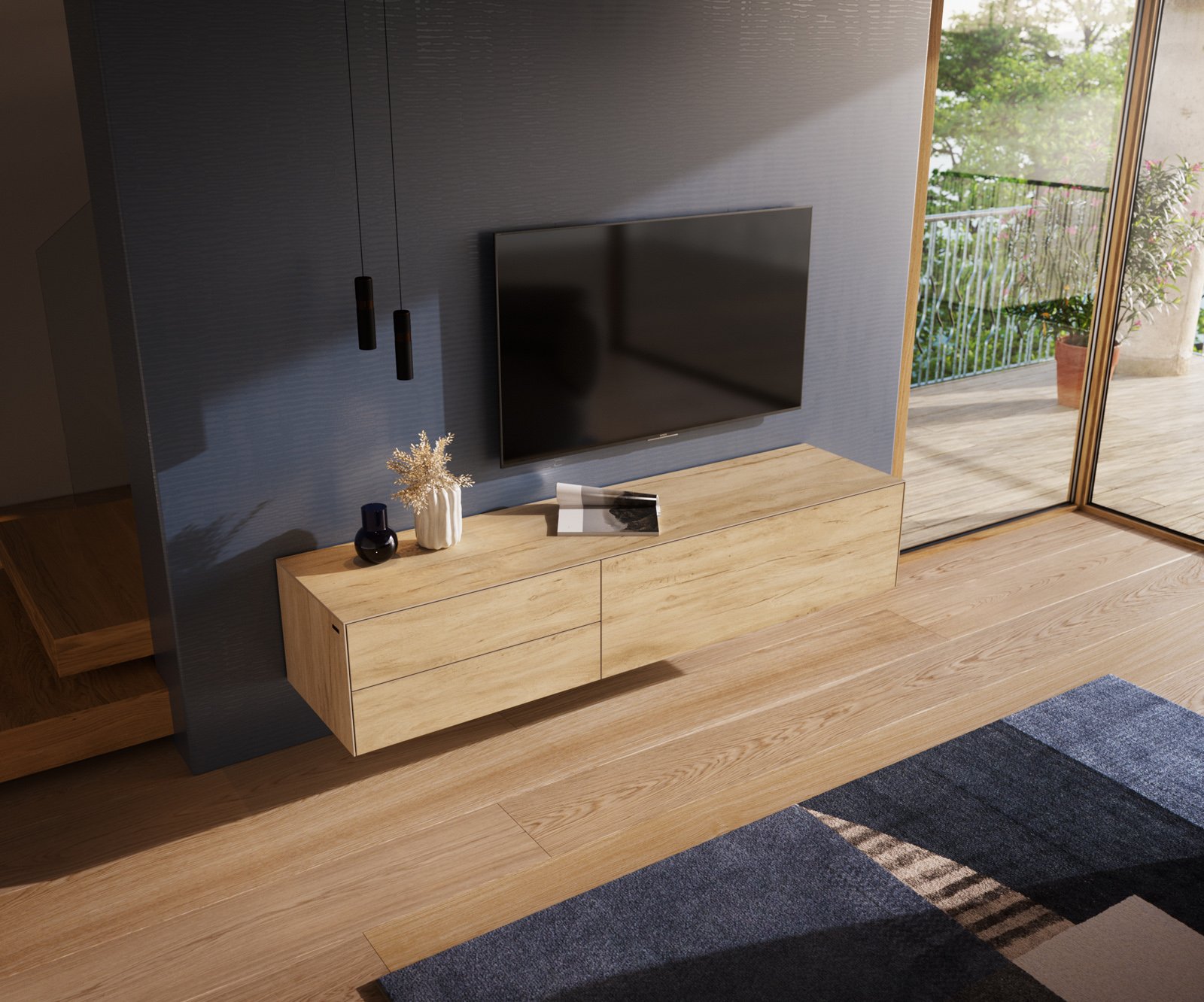 TV stolík Cuor 180 cm keramika Laminam® sabbia v dubovej farbe 1 výklopné dvierka 2 zásuvky závesné - Image 4