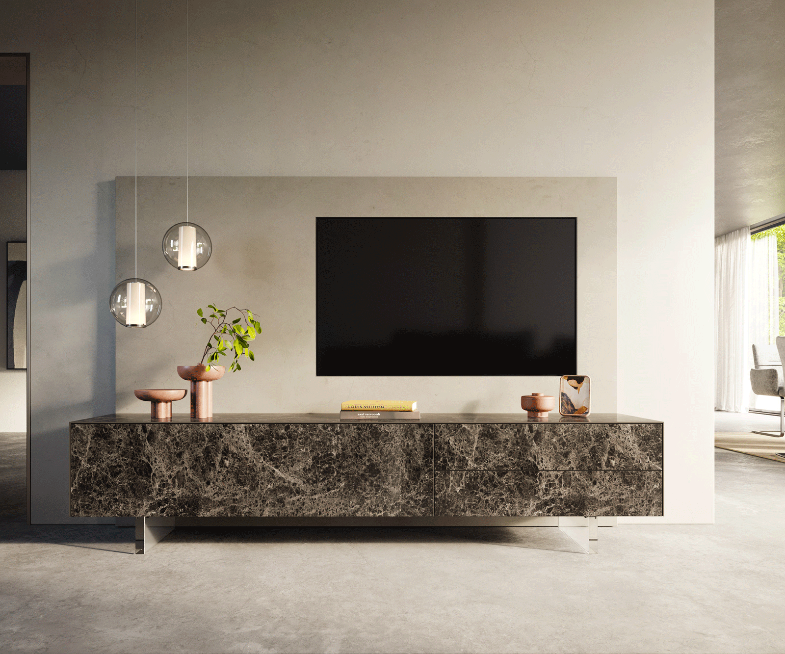 TV stolík Cuor 220 cm keramika Laminam® Emperador Extra Lucidato tmavohnedá 1 výklopné dvierka 2 zásuvky podstava závesné akrylové sklo - Image 2