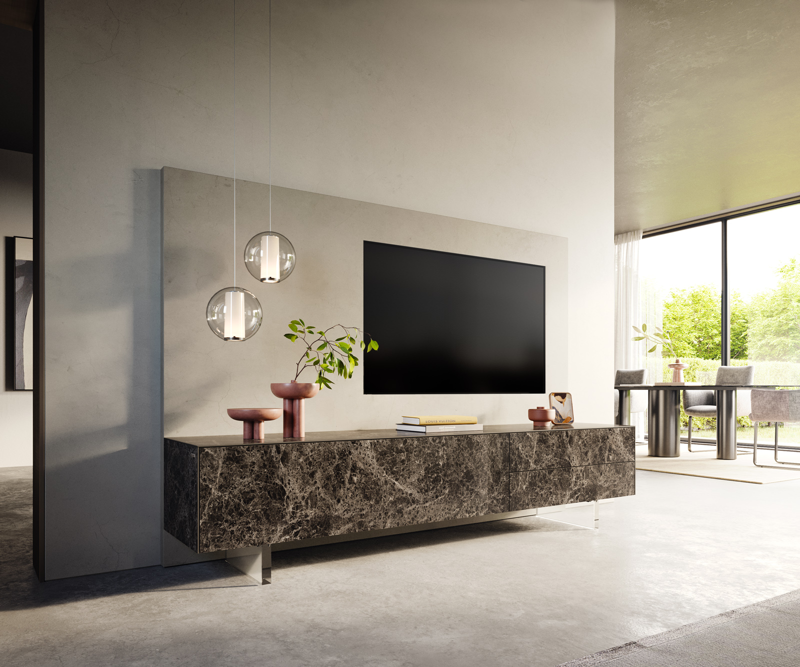 TV stolík Cuor 220 cm keramika Laminam® Emperador Extra Lucidato tmavohnedá 1 výklopné dvierka 2 zásuvky podstava závesné akrylové sklo