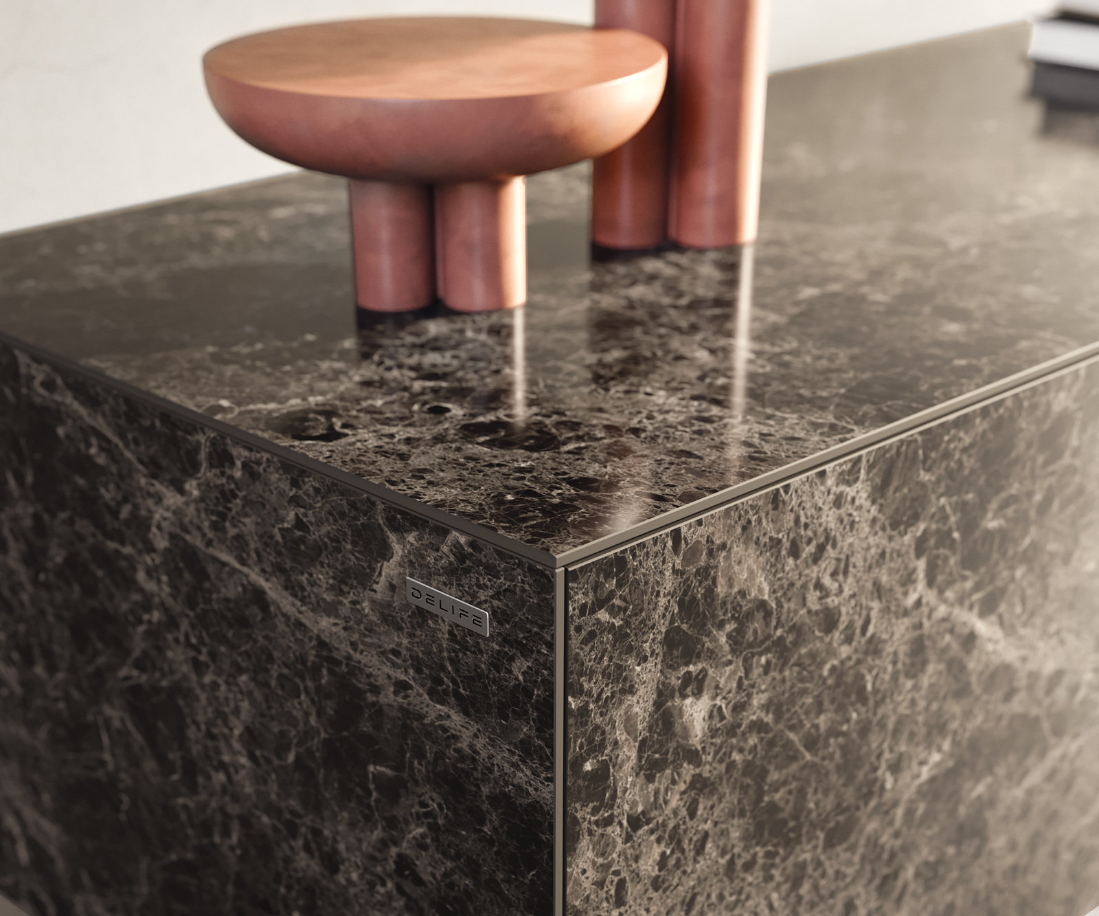 TV stolík Cuor 220 cm keramika Laminam® Emperador Extra Lucidato tmavohnedá 1 výklopné dvierka 2 zásuvky podstava závesné akrylové sklo - Image 6