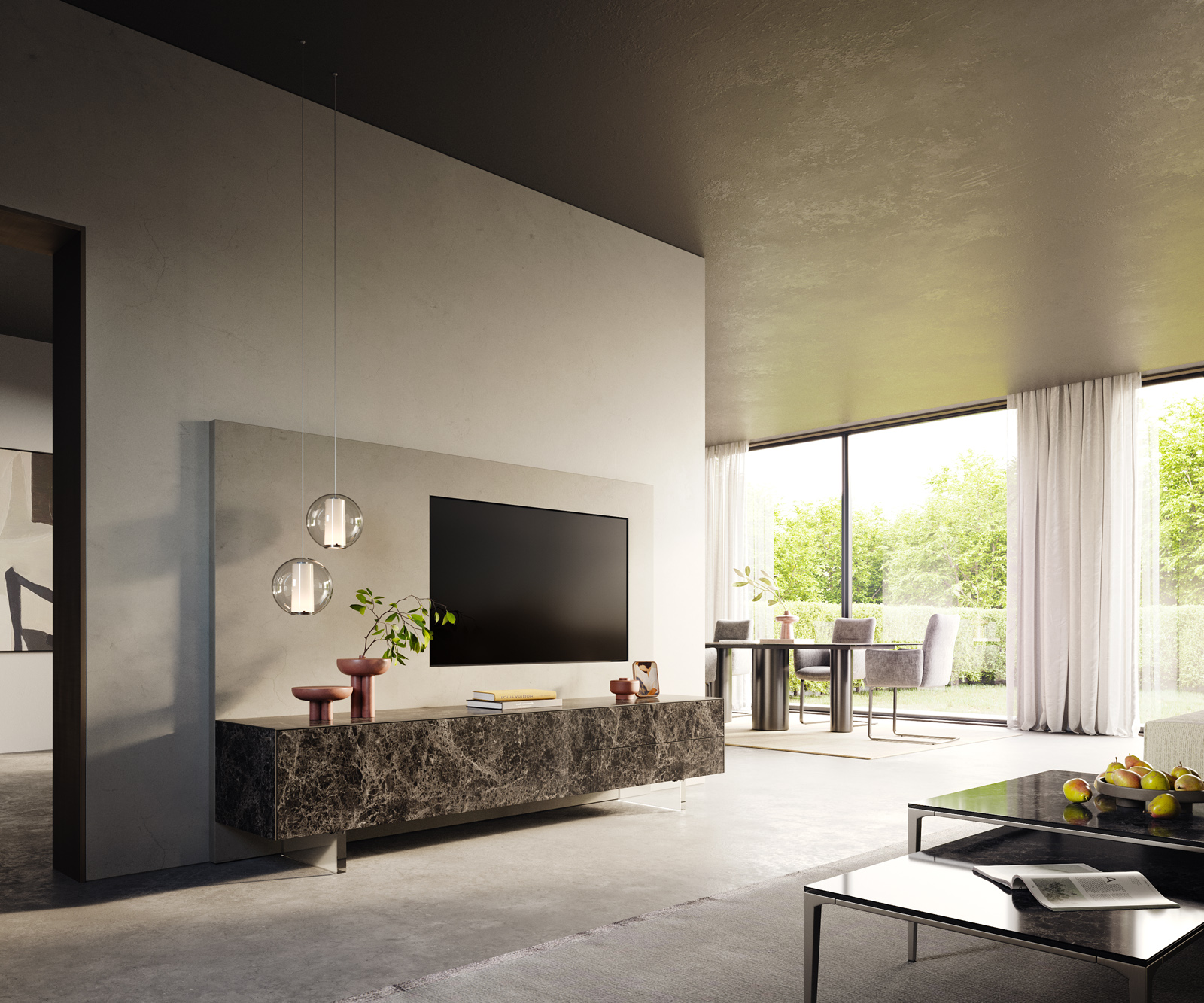 TV stolík Cuor 220 cm keramika Laminam® Emperador Extra Lucidato tmavohnedá 1 výklopné dvierka 2 zásuvky podstava závesné akrylové sklo - Image 7