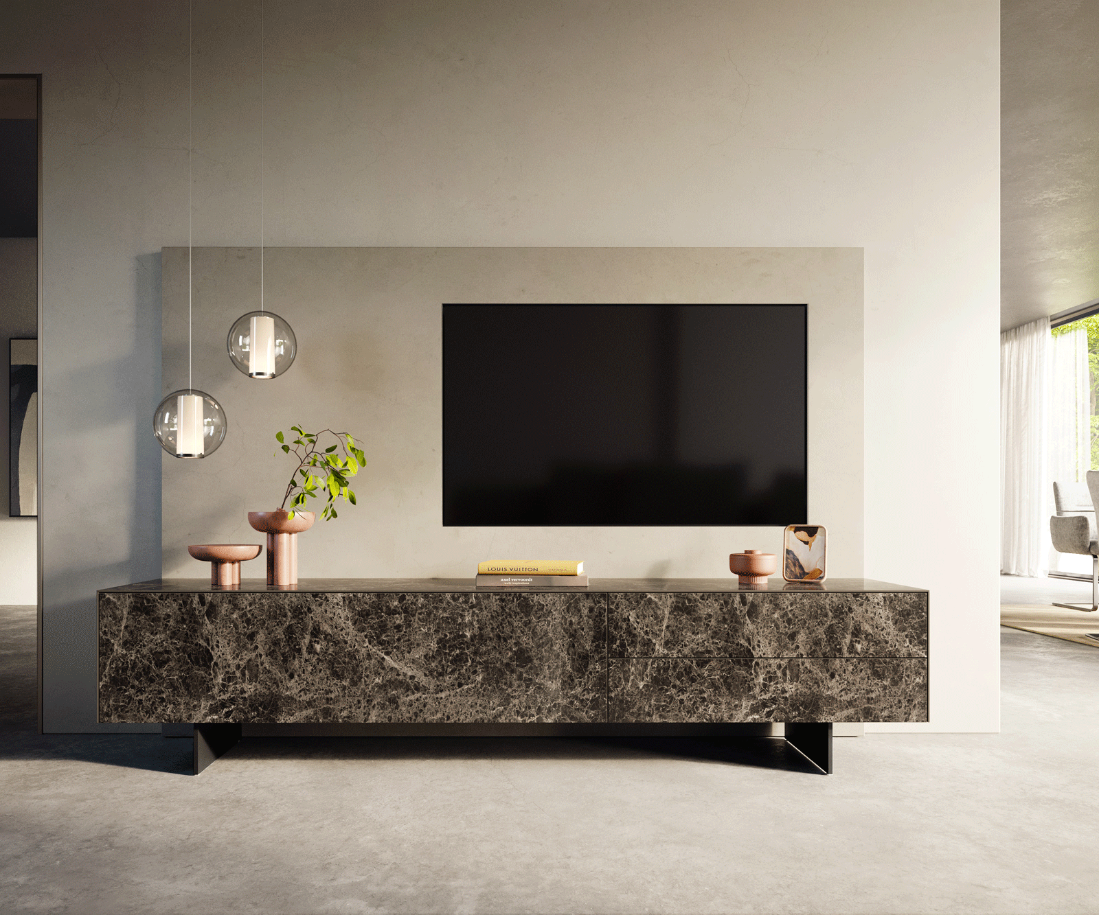 TV stolík Cuor 220 cm keramika Laminam® Emperador Extra Lucidato tmavohnedá 1 výklopné dvierka 2 zásuvky podstava závesná kov čierna - Image 2
