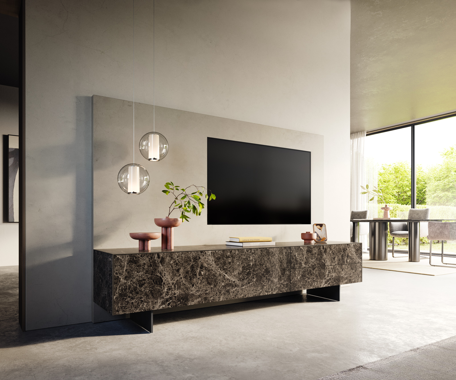 TV stolík Cuor 220 cm keramika Laminam® Emperador Extra Lucidato tmavohnedá 1 výklopné dvierka 2 zásuvky podstava závesná kov čierna