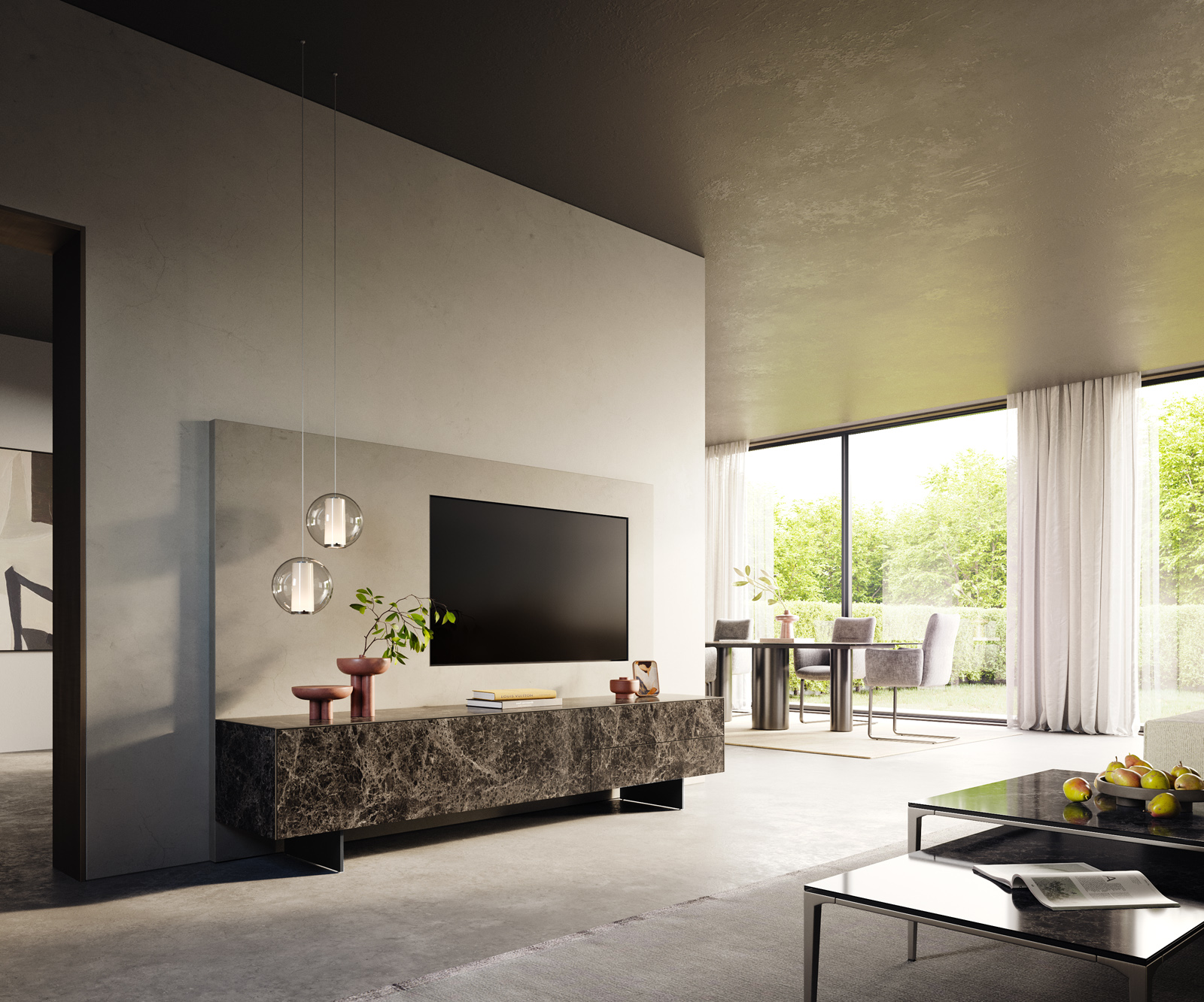 TV stolík Cuor 220 cm keramika Laminam® Emperador Extra Lucidato tmavohnedá 1 výklopné dvierka 2 zásuvky podstava závesná kov čierna - Image 7