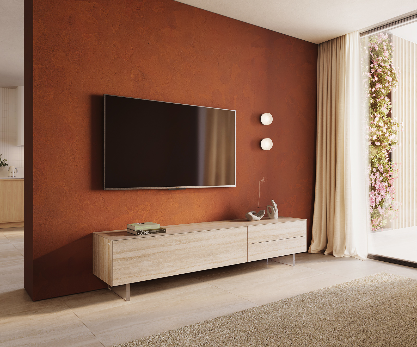 TV stolík Cuor 220 cm keramika Laminam® Travertino Bianco krémovo biela 1 výklopné dvierka 2 zásuvky podstava závesná akrylové sklo
