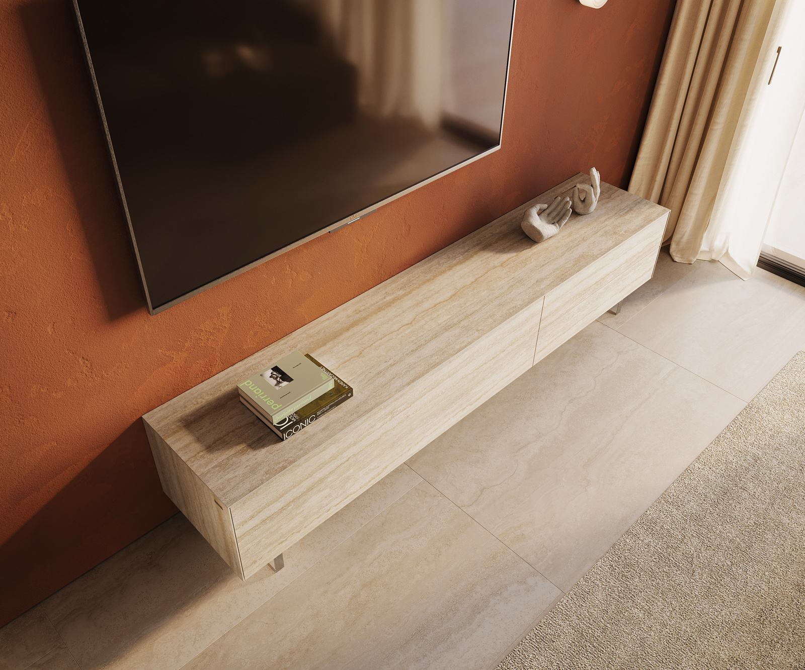 TV stolík Cuor 220 cm keramika Laminam® Travertino Bianco krémovo biela 1 výklopné dvierka 2 zásuvky podstava závesná akrylové sklo - Image 4