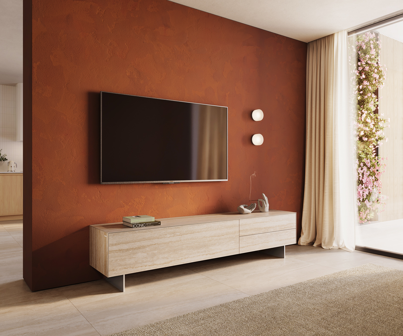 TV stolík Cuor 220 cm keramika Laminam® Travertino Bianco krémovo biela 1 výklopné dvierka 2 zásuvky podstava závesná nerezová oceľ