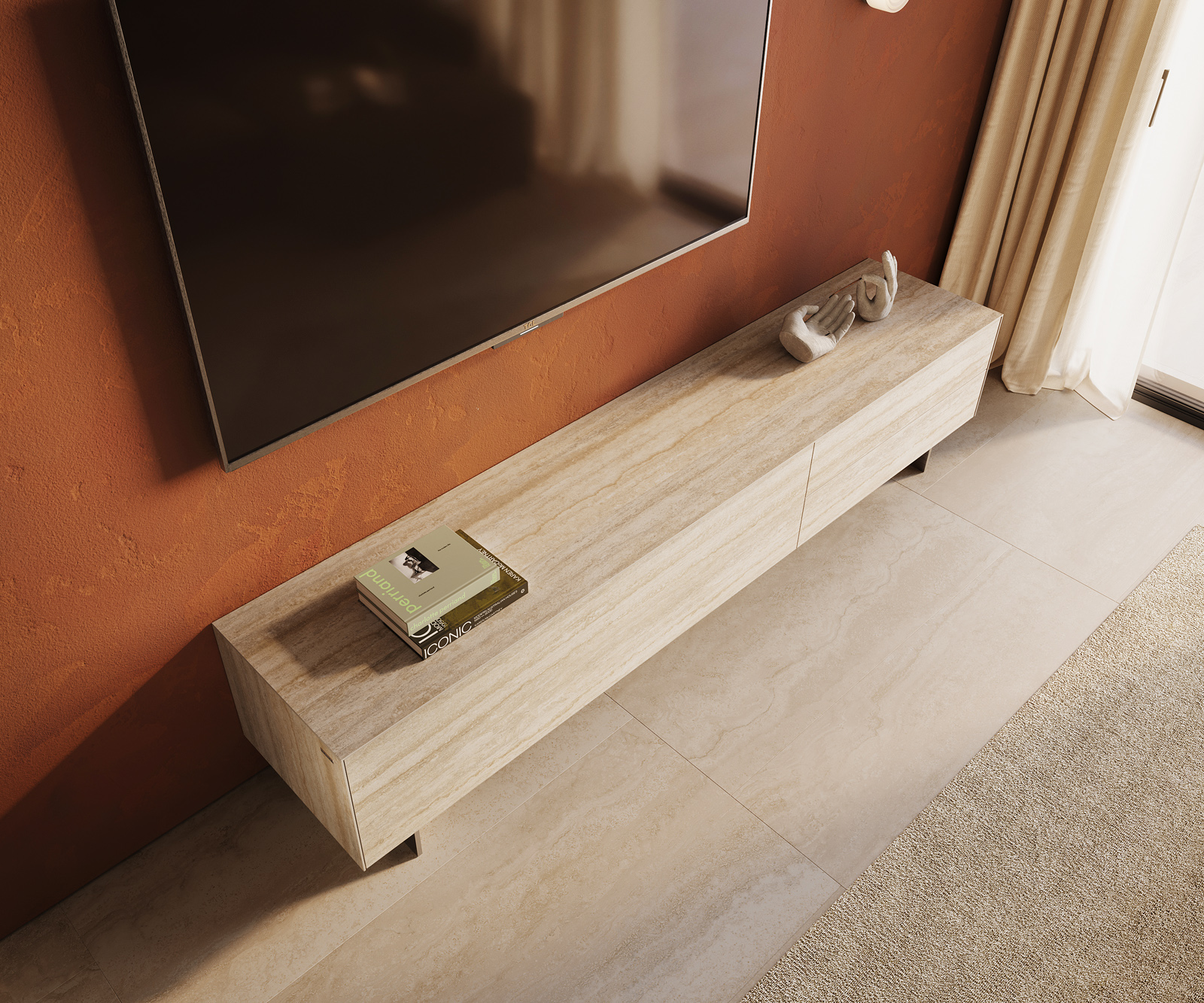 TV stolík Cuor 220 cm keramika Laminam® Travertino Bianco krémovo biela 1 výklopné dvierka 2 zásuvky podstava závesná nerezová oceľ - Image 4