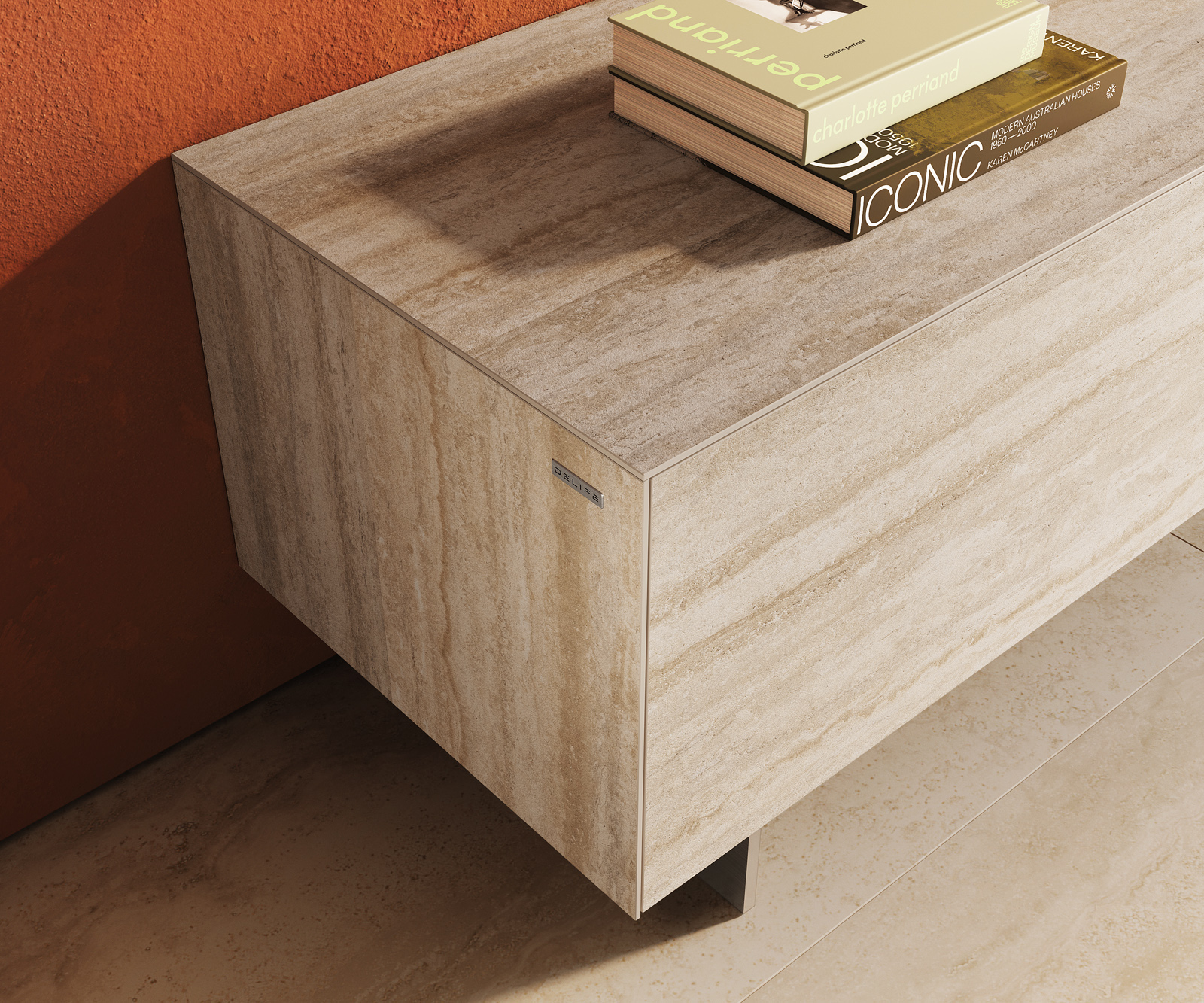 TV stolík Cuor 220 cm keramika Laminam® Travertino Bianco krémovo biela 1 výklopné dvierka 2 zásuvky podstava závesná nerezová oceľ - Image 6