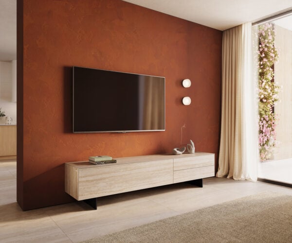 TV stolík Cuor 220 cm keramika Laminam® Travertino Bianco krémovo biela 1 výklopné dvierka 2 zásuvky podstava závesná kov čierna