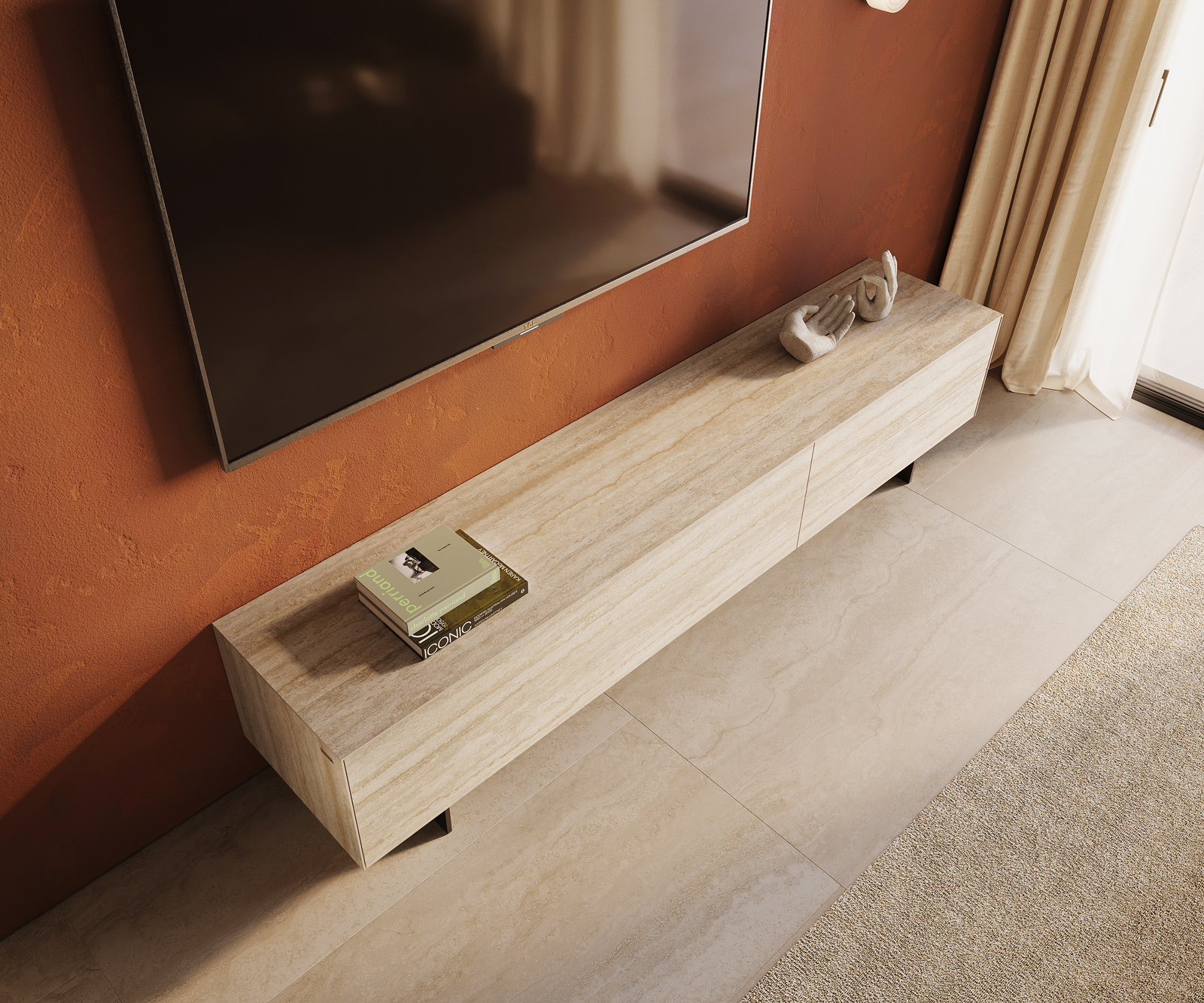 TV stolík Cuor 220 cm keramika Laminam® Travertino Bianco krémovo biela 1 výklopné dvierka 2 zásuvky podstava závesná kov čierna - Image 4