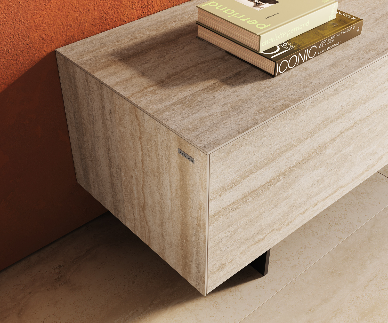 TV stolík Cuor 220 cm keramika Laminam® Travertino Bianco krémovo biela 1 výklopné dvierka 2 zásuvky podstava závesná kov čierna - Image 6