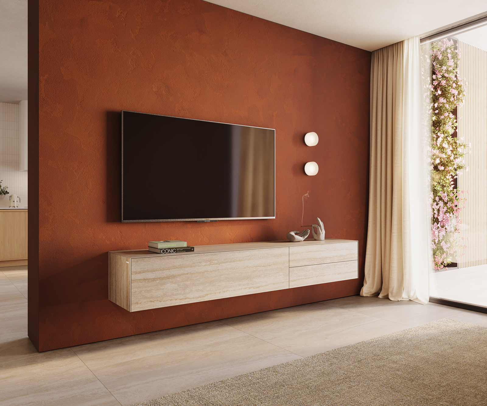 TV stolík Cuor 220 cm keramika Laminam® Travertino Bianco krémovo biela 1 výklopné dvierka 2 zásuvky závesné
