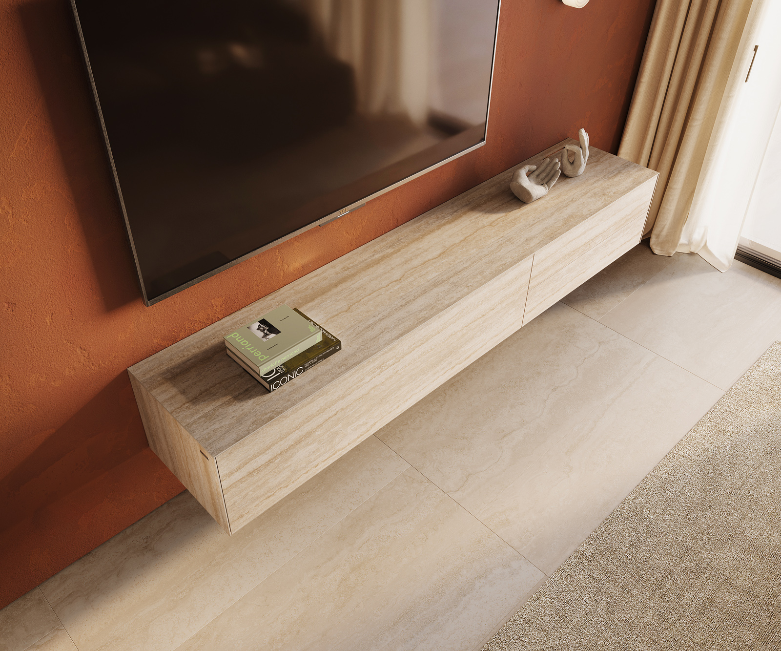 TV stolík Cuor 220 cm keramika Laminam® Travertino Bianco krémovo biela 1 výklopné dvierka 2 zásuvky závesné - Image 4