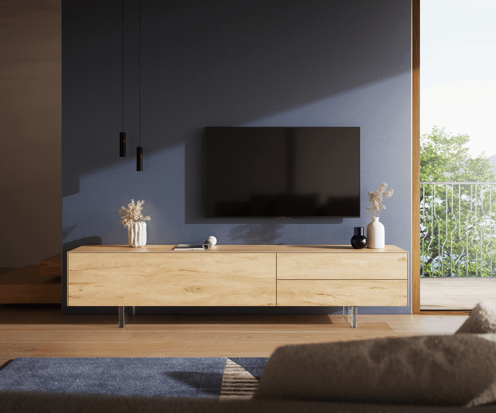 TV stolík Cuor 220 cm keramika Laminam® Sabbia v dubovej farbe 1 výklopné dvierka 2 zásuvky podstava závesná akrylové sklo - Image 2