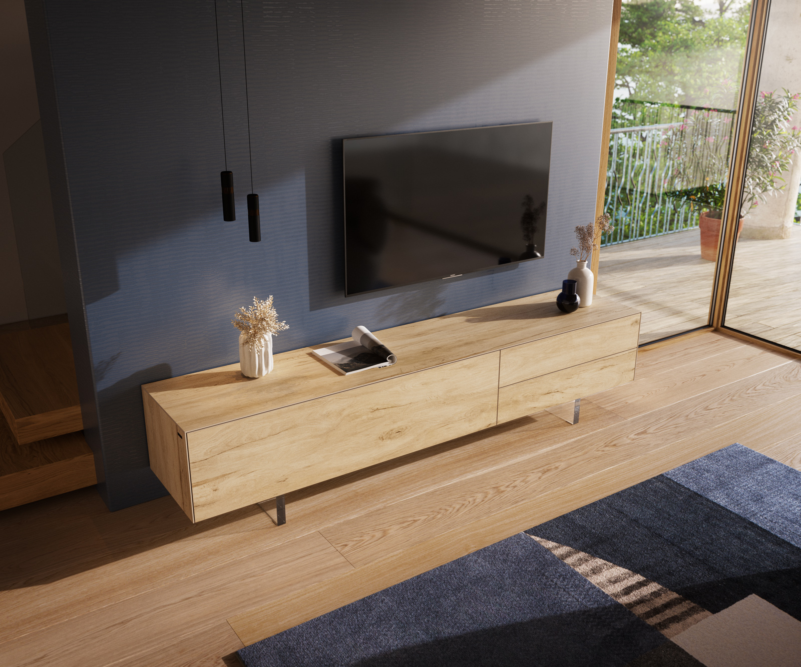 TV stolík Cuor 220 cm keramika Laminam® Sabbia v dubovej farbe 1 výklopné dvierka 2 zásuvky podstava závesná akrylové sklo - Image 4