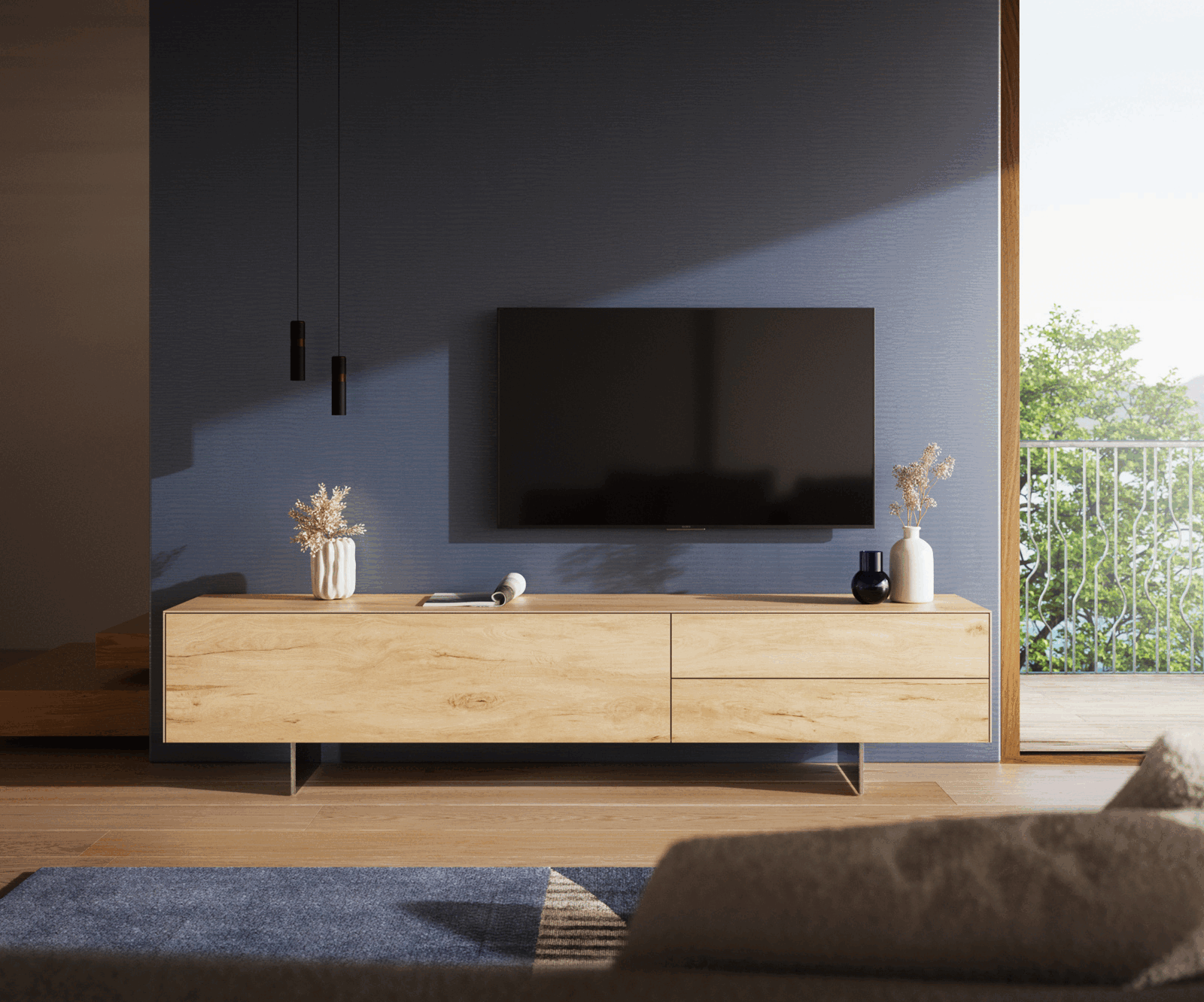 TV stolík Cuor 220 cm keramika Laminam® Sabbia dubová farba 1 výklopné dvierka 2 zásuvky podstava závesná nerezová oceľ - Image 2