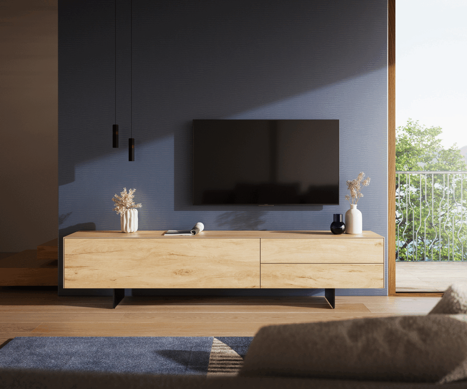 TV stolík Cuor 220 cm keramika Laminam® sabbia v dubovej farbe 1 výklopné dvierka 2 zásuvky podstava závesná kov čierna - Image 2