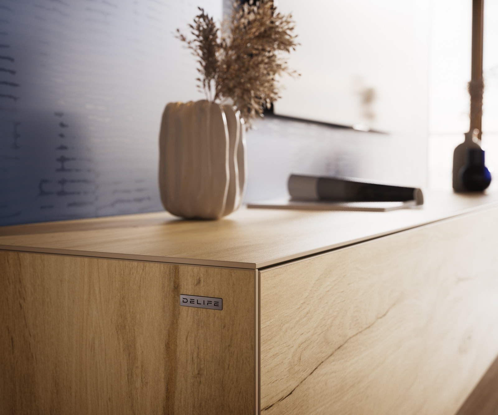 TV stolík Cuor 220 cm keramika Laminam® sabbia v dubovej farbe 1 výklopné dvierka 2 zásuvky podstava závesná kov čierna - Image 7