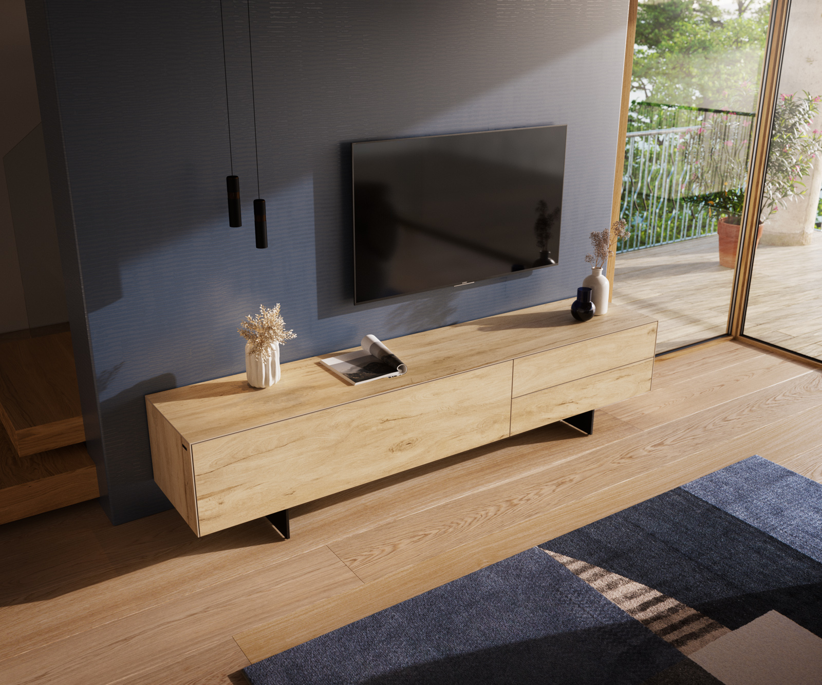 TV stolík Cuor 220 cm keramika Laminam® sabbia v dubovej farbe 1 výklopné dvierka 2 zásuvky podstava závesná kov čierna - Image 4