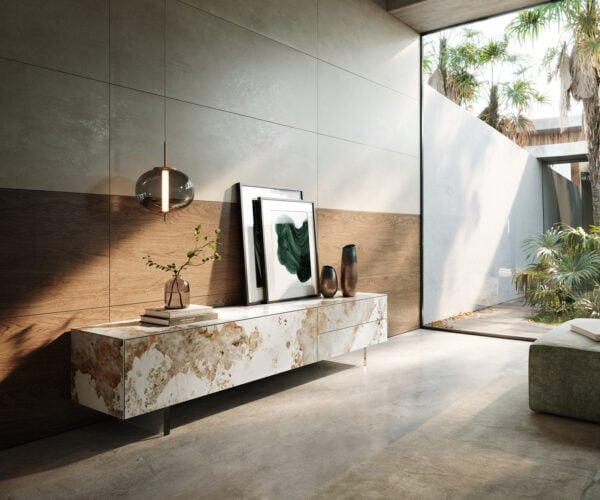 TV stolík Cuor 220 cm keramika Minas Melange bielo-béžová 1 výklopné dvierka 2 zásuvky podstava závesná akrylové sklo