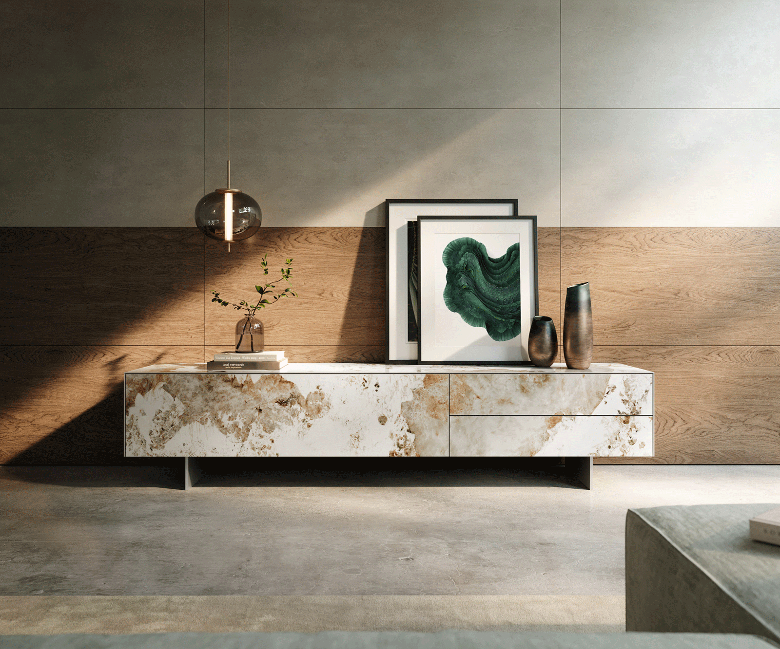 TV stolík Cuor 220 cm keramika Minas Melange bielo-béžová 1 výklopné dvierka 2 zásuvky podstava závesná nerezová oceľ - Image 2