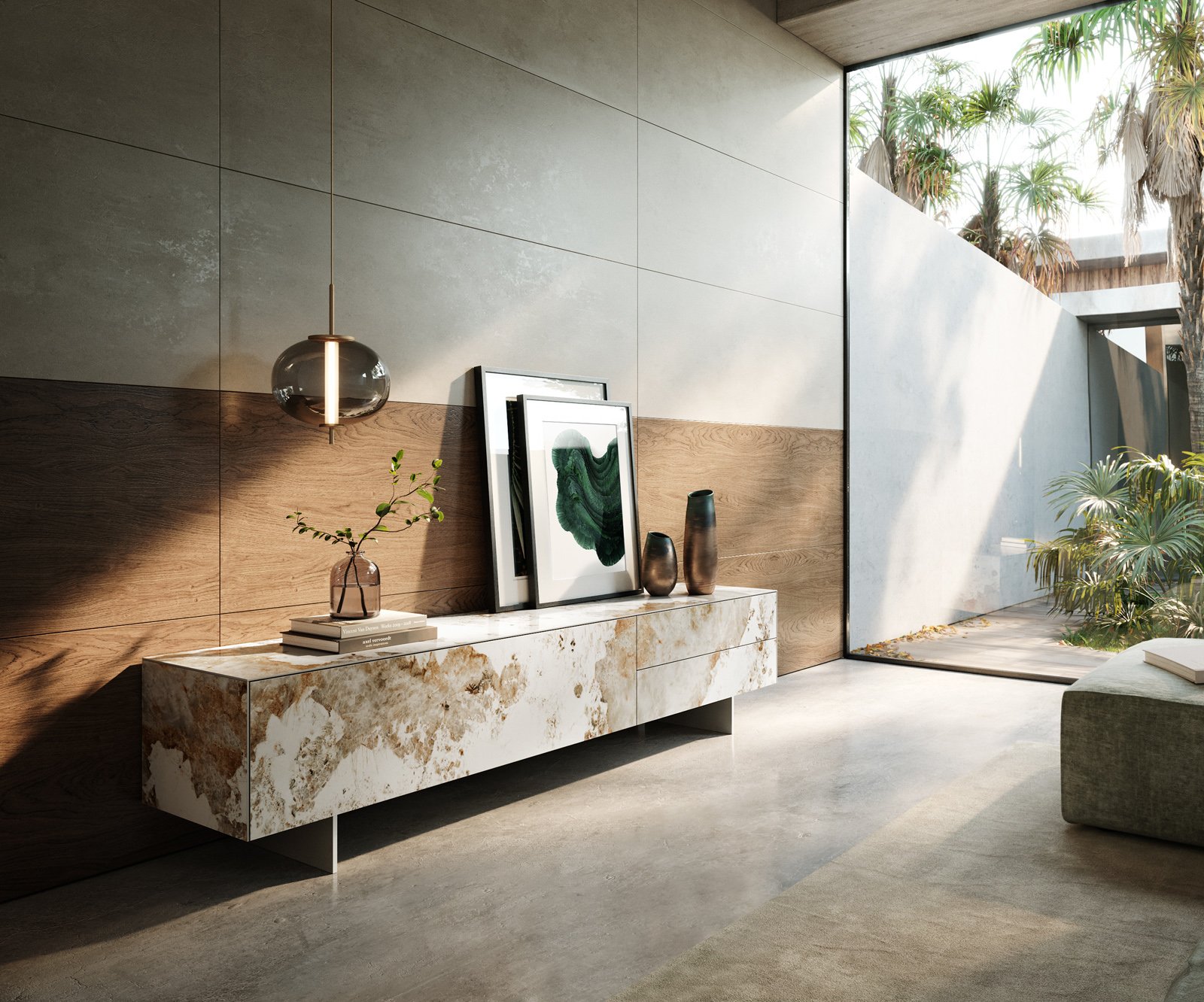 TV stolík Cuor 220 cm keramika Minas Melange bielo-béžová 1 výklopné dvierka 2 zásuvky podstava závesná nerezová oceľ