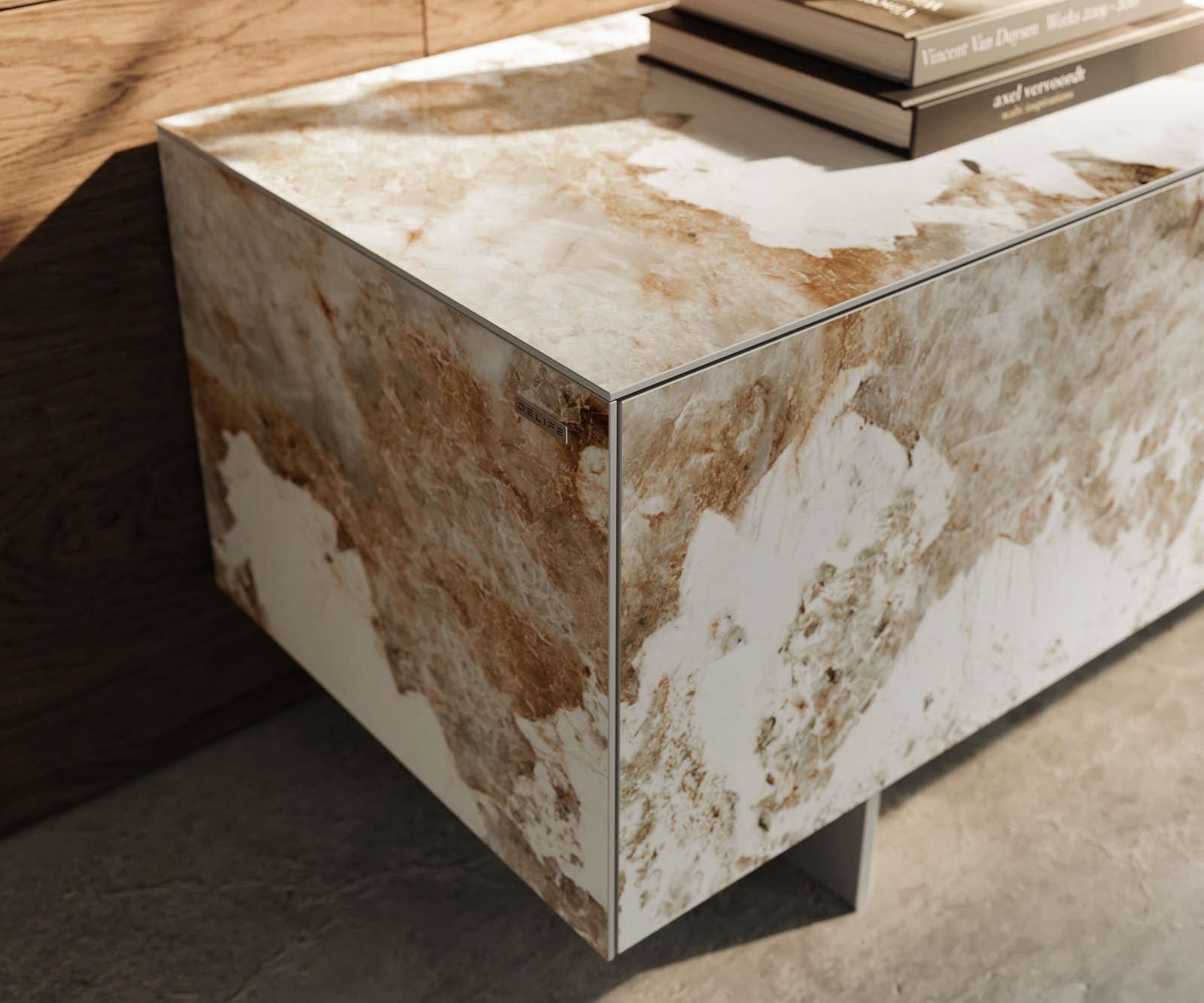 TV stolík Cuor 220 cm keramika Minas Melange bielo-béžová 1 výklopné dvierka 2 zásuvky podstava závesná nerezová oceľ - Image 6