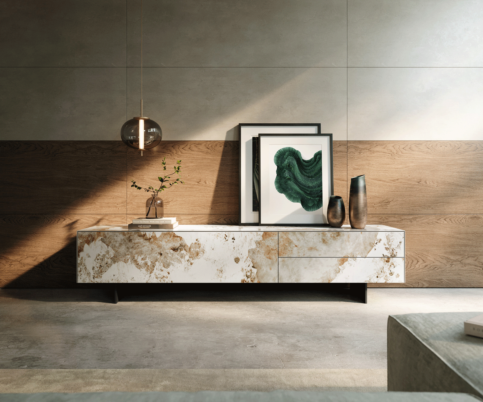 TV stolík Cuor 220 cm keramika Minas Melange bielo-béžová 1 výklopné dvierka 2 zásuvky podstava závesná kov čierna - Image 2