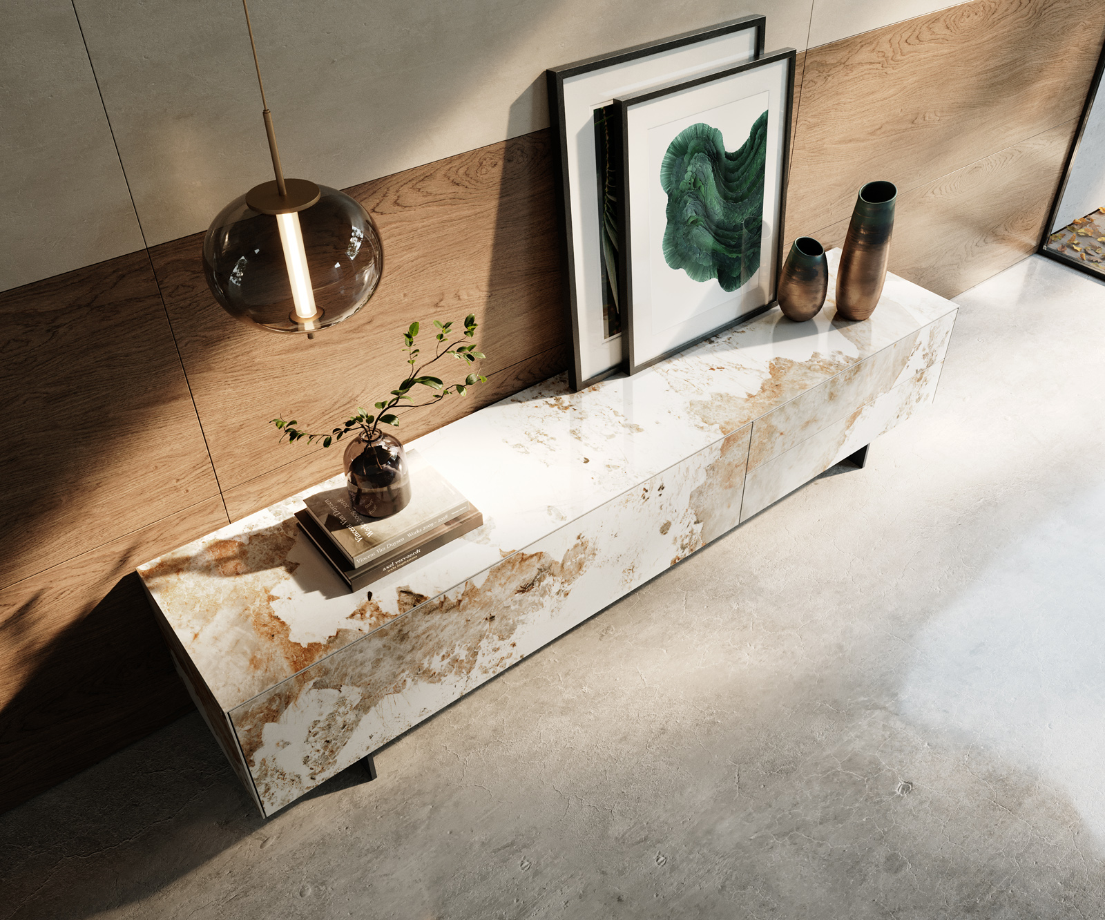 TV stolík Cuor 220 cm keramika Minas Melange bielo-béžová 1 výklopné dvierka 2 zásuvky podstava závesná kov čierna - Image 4