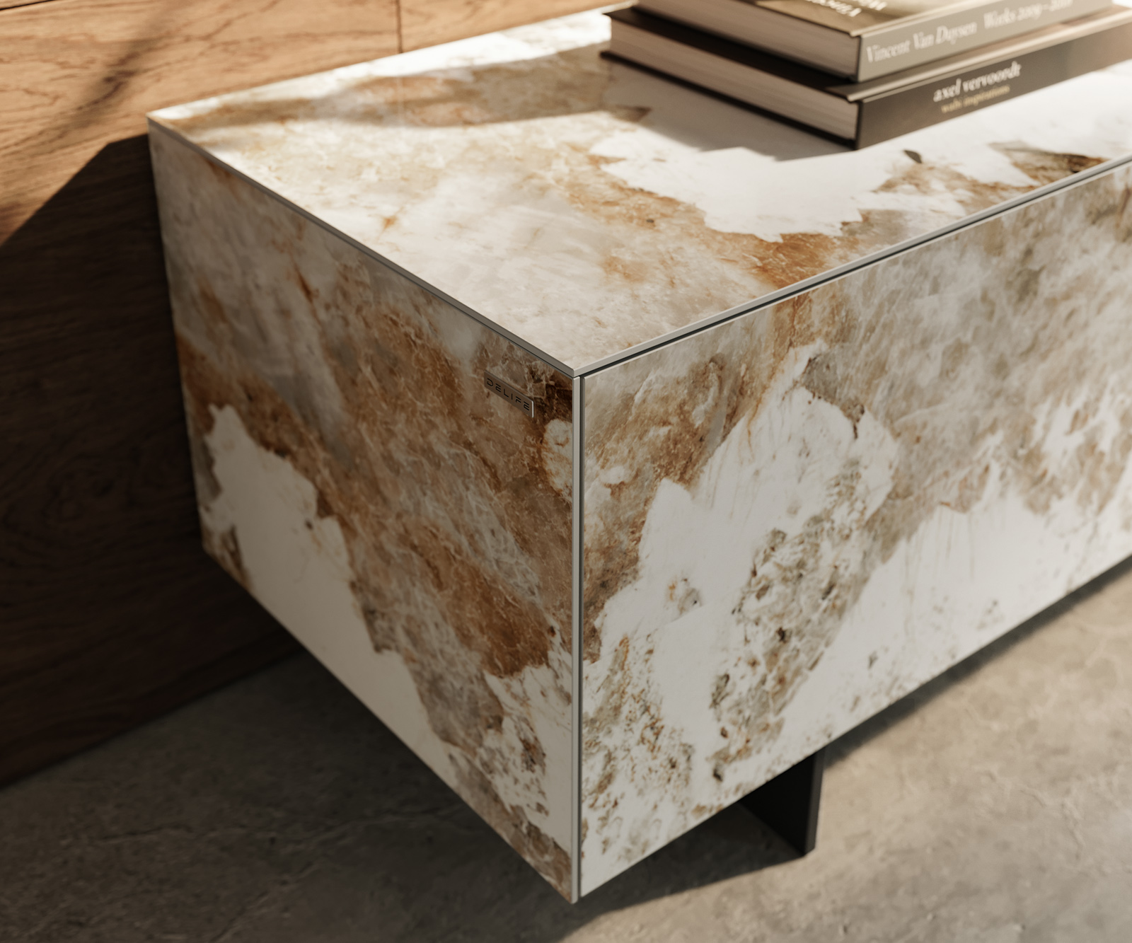 TV stolík Cuor 220 cm keramika Minas Melange bielo-béžová 1 výklopné dvierka 2 zásuvky podstava závesná kov čierna - Image 6