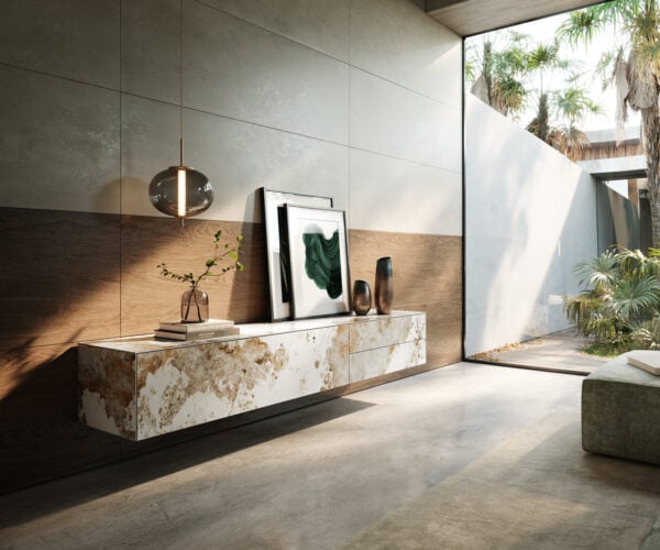 TV stolík Cuor 220 cm keramika Minas Melange bielo-béžová 1 výklopné dvierka 2 zásuvkové priehradky závesný