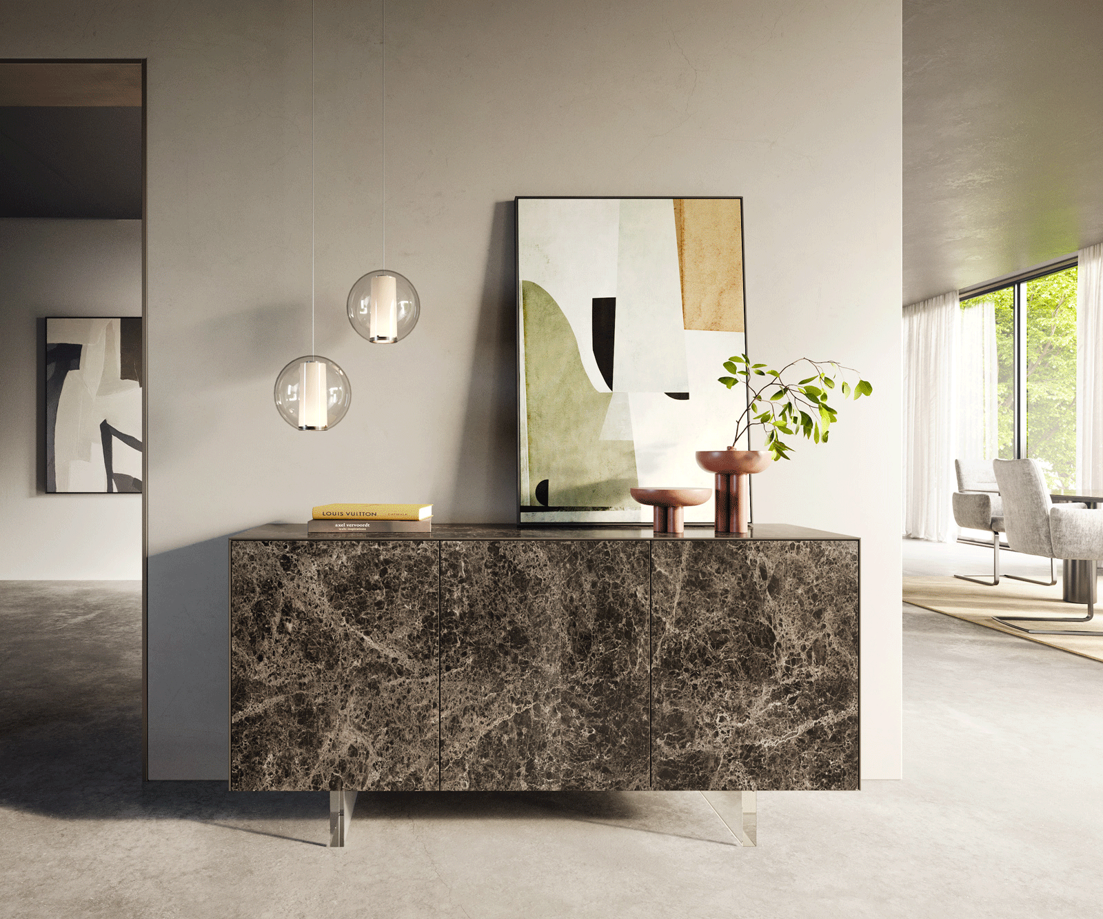 Komoda Cuor 150 cm keramika Laminam® Emperador Extra Lucidato tmavohnedá 3 dvierka podstava závesná akrylové sklo - Image 2