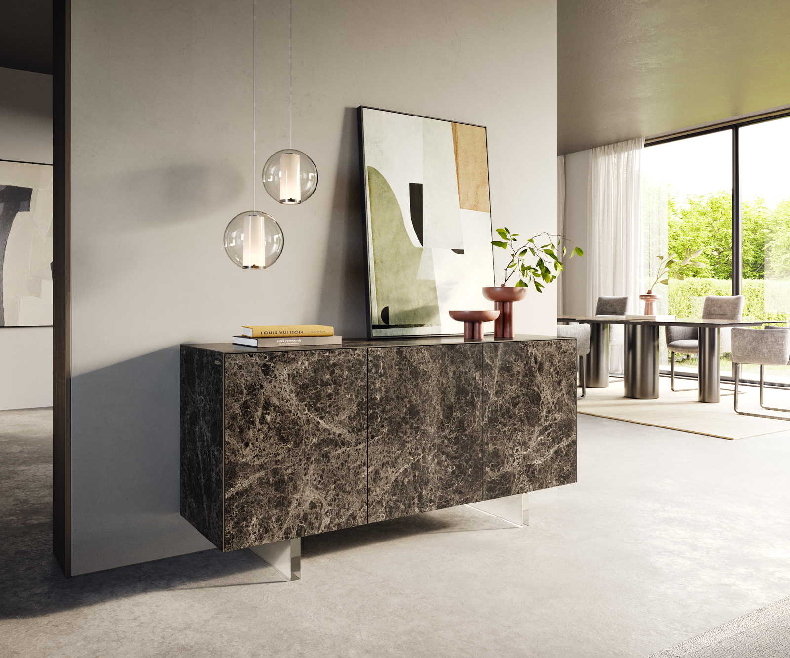 Komoda Cuor 150 cm keramika Laminam® Emperador Extra Lucidato tmavohnedá 3 dvierka podstava závesná akrylové sklo