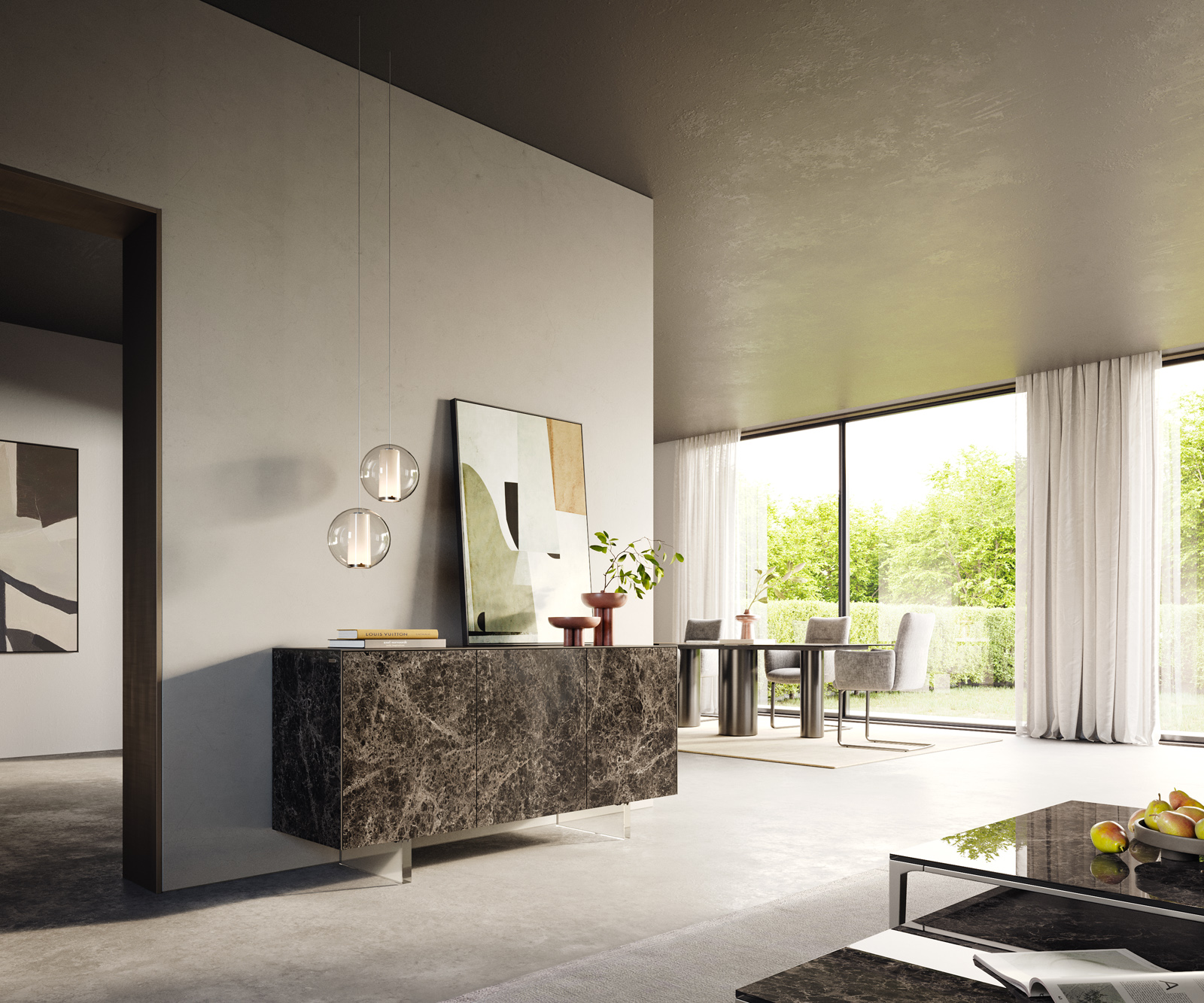 Komoda Cuor 150 cm keramika Laminam® Emperador Extra Lucidato tmavohnedá 3 dvierka podstava závesná akrylové sklo - Image 7