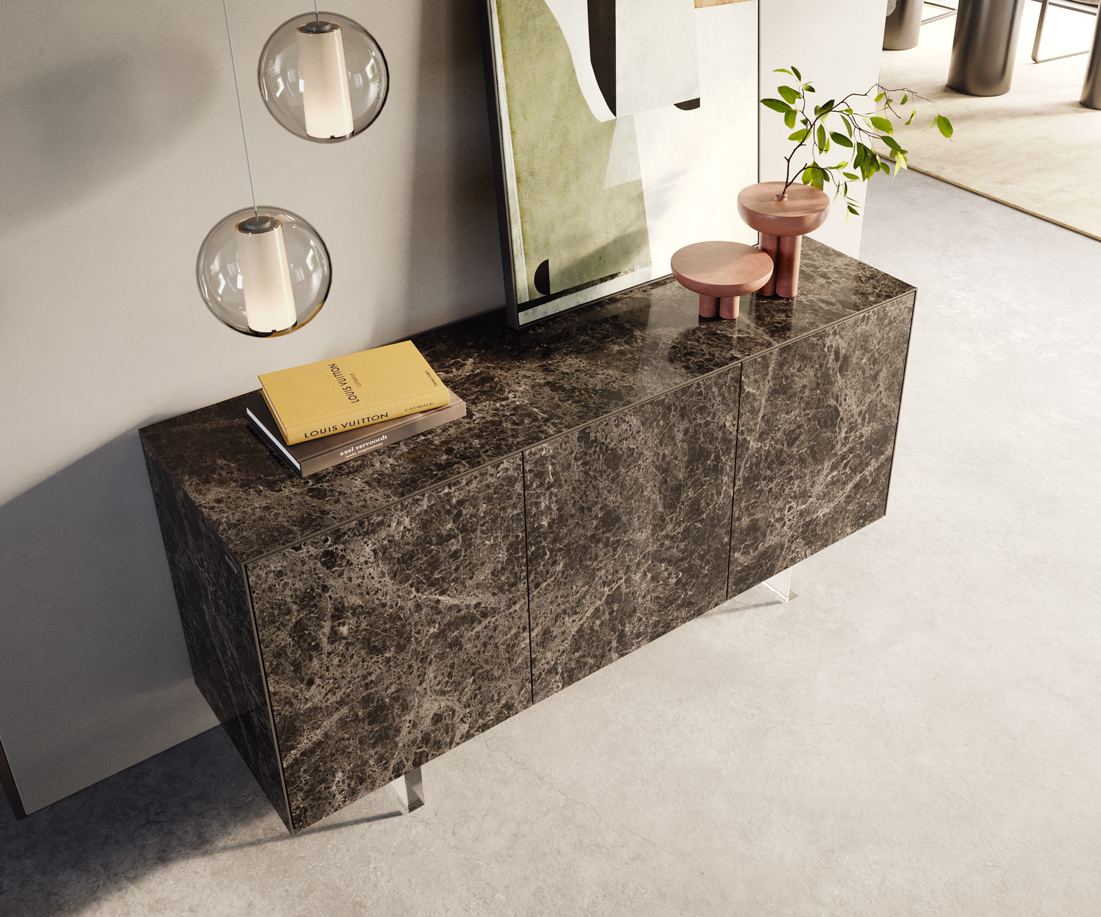 Komoda Cuor 150 cm keramika Laminam® Emperador Extra Lucidato tmavohnedá 3 dvierka podstava závesná akrylové sklo - Image 4