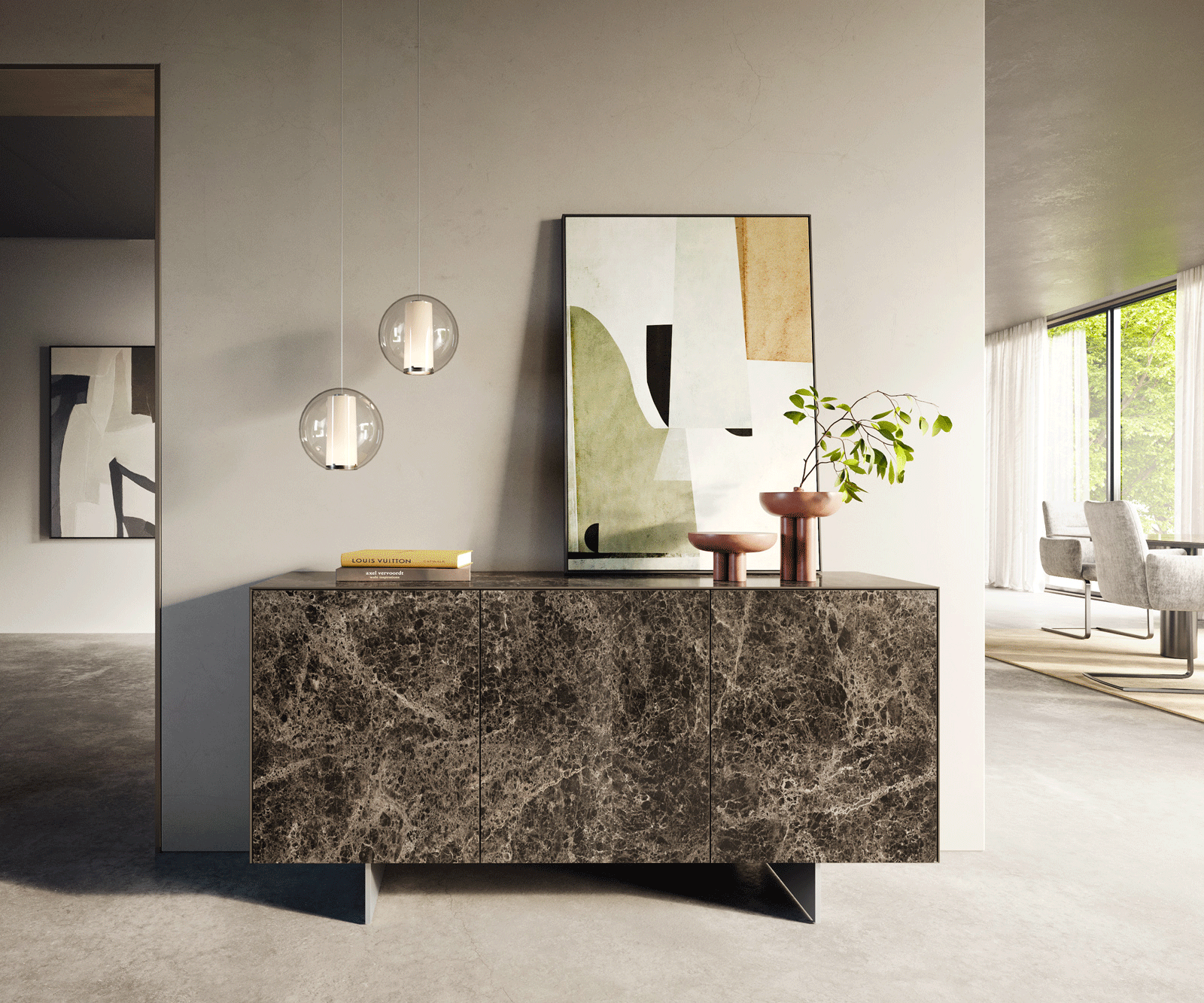 Komoda Cuor 150 cm keramika Laminam® Emperador Extra Lucidato tmavohnedá 3 dvierka podstava závesná nerezová oceľ - Image 2