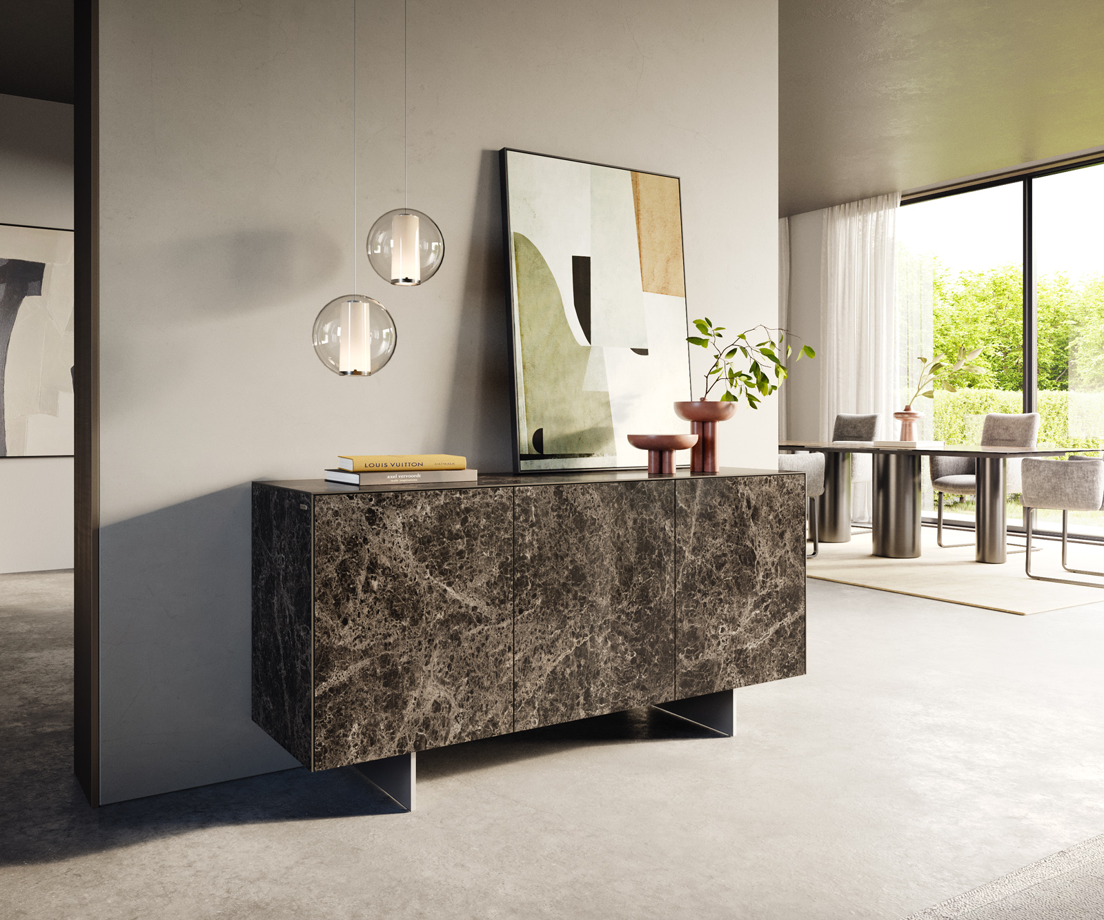 Komoda Cuor 150 cm keramika Laminam® Emperador Extra Lucidato tmavohnedá 3 dvierka podstava závesná nerezová oceľ