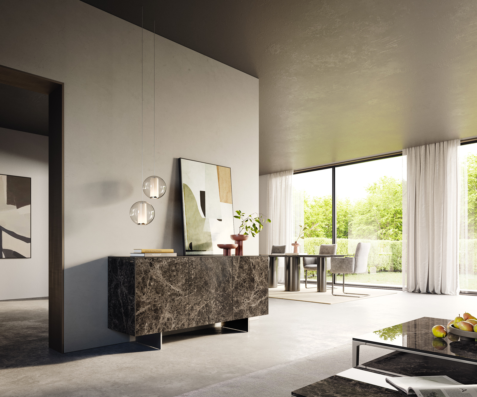 Komoda Cuor 150 cm keramika Laminam® Emperador Extra Lucidato tmavohnedá 3 dvierka podstava závesná nerezová oceľ - Image 7