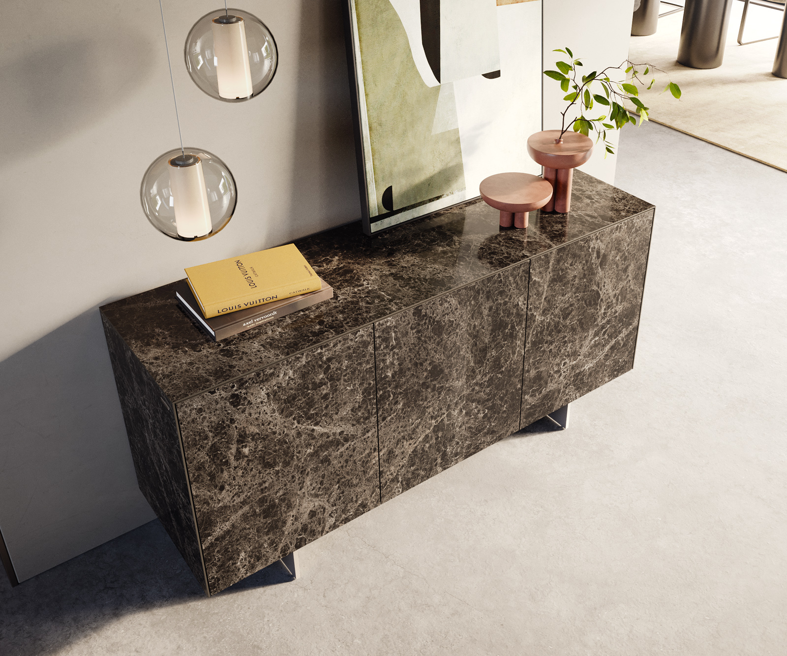 Komoda Cuor 150 cm keramika Laminam® Emperador Extra Lucidato tmavohnedá 3 dvierka podstava závesná nerezová oceľ - Image 4