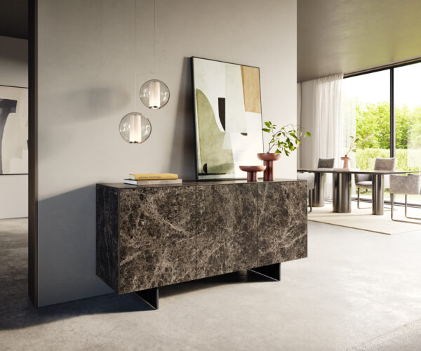 Komoda Cuor 150 cm keramika Laminam® Emperador Extra Lucidato tmavohnedá 3 dvierka podstava závesná kov čierna