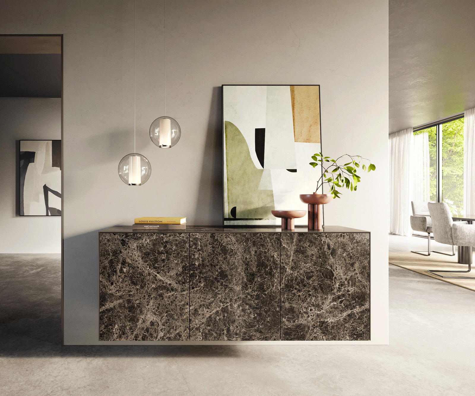 Komoda Cuor 150 cm keramika Laminam® Emperador Extra Lucidato tmavohnedá 3 dvierka závesná - Image 2