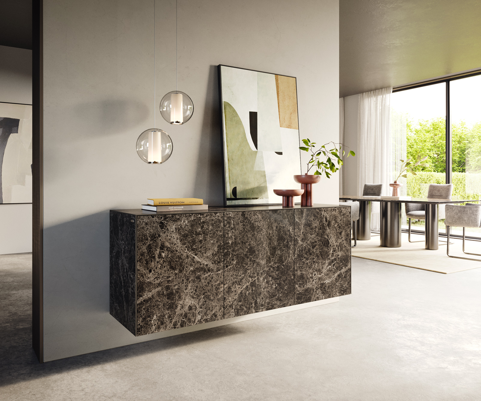 Komoda Cuor 150 cm keramika Laminam® Emperador Extra Lucidato tmavohnedá 3 dvierka závesná