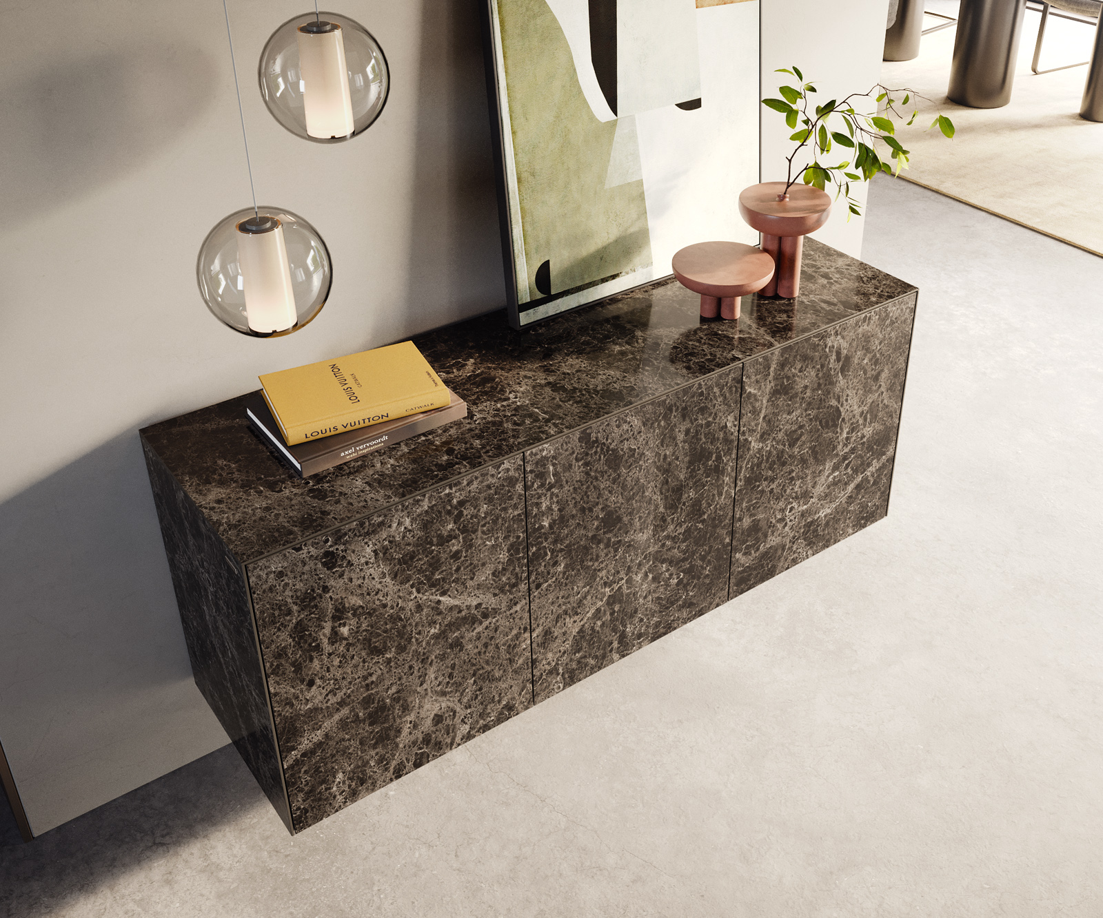 Komoda Cuor 150 cm keramika Laminam® Emperador Extra Lucidato tmavohnedá 3 dvierka závesná - Image 4