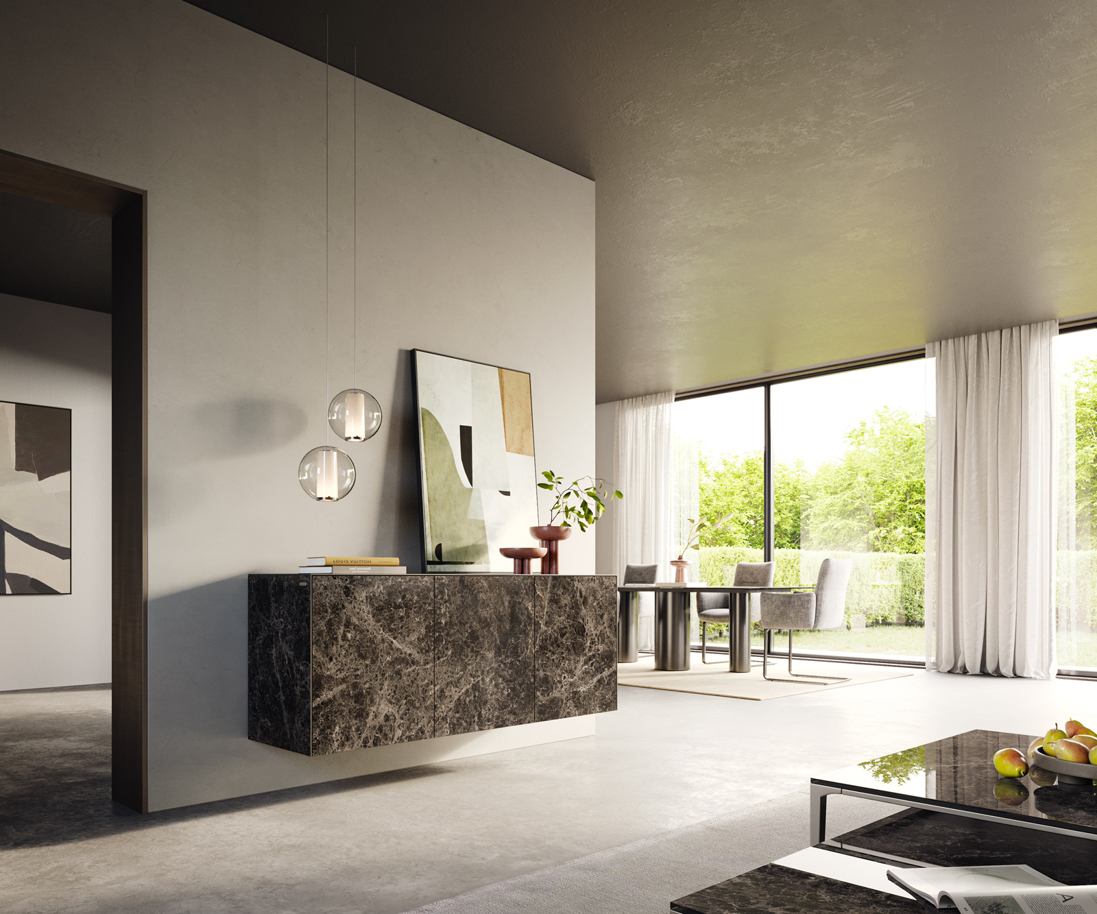 Komoda Cuor 150 cm keramika Laminam® Emperador Extra Lucidato tmavohnedá 3 dvierka závesná - Image 7